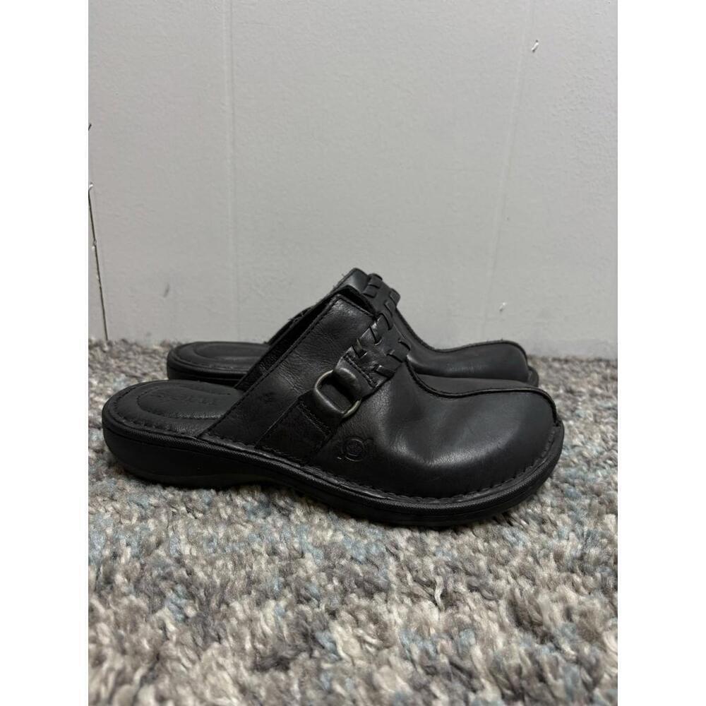 Born Shoes Womens 6 Slip On Mules Black Leather Hooded Buckle Comfort Minimalist